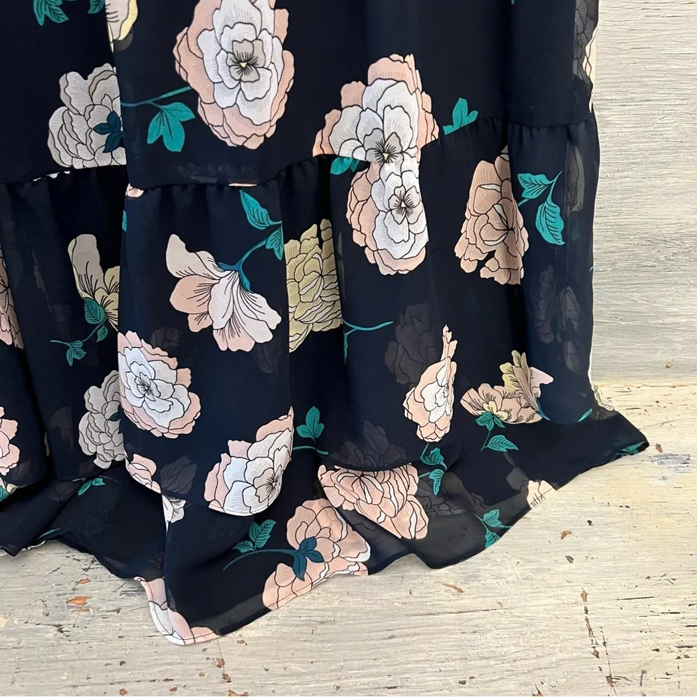 Loft Navy Blue Pink Flower Print Flowy Ruffled A-line Skirt Size 2‎ Like New